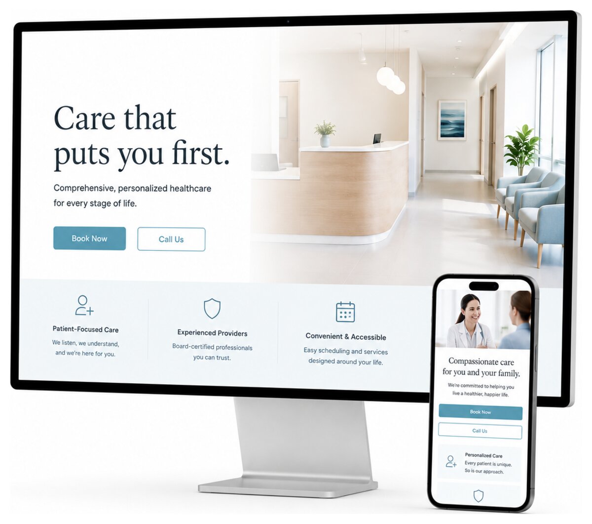 Clinic Creative website and branding mockup shown on a desktop monitor and phone